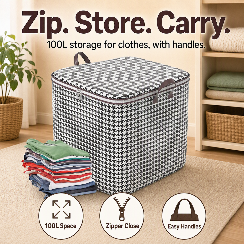 (100L) MULTI 1PCS Foldable Clothes Storage Bags with Zipper & Handles – hero