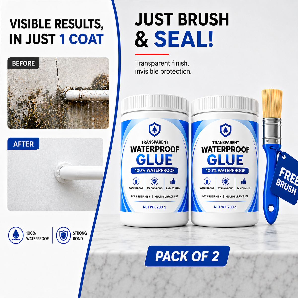 Transparent waterproof glue pack of 2 with brush front view