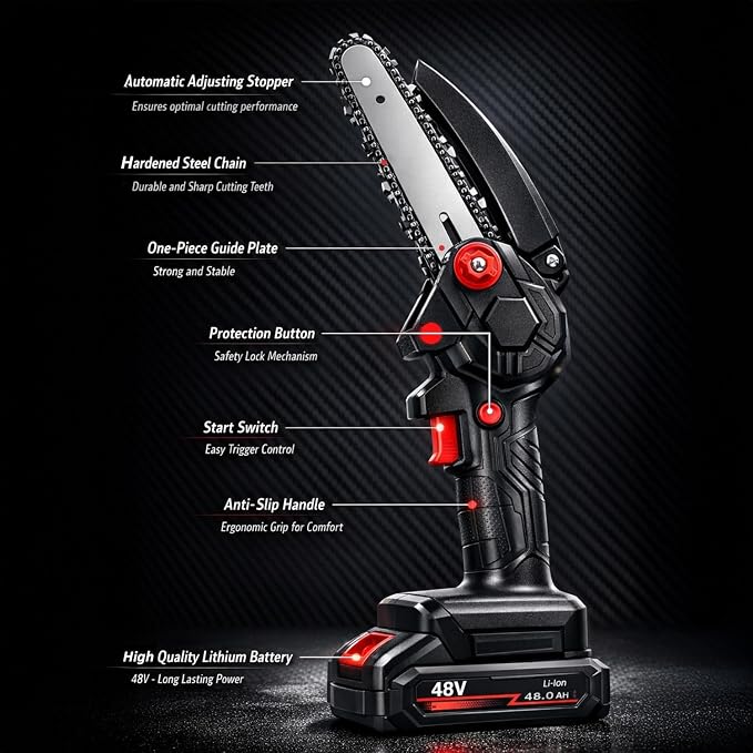 Cordless mini chainsaw cutting a garden branch