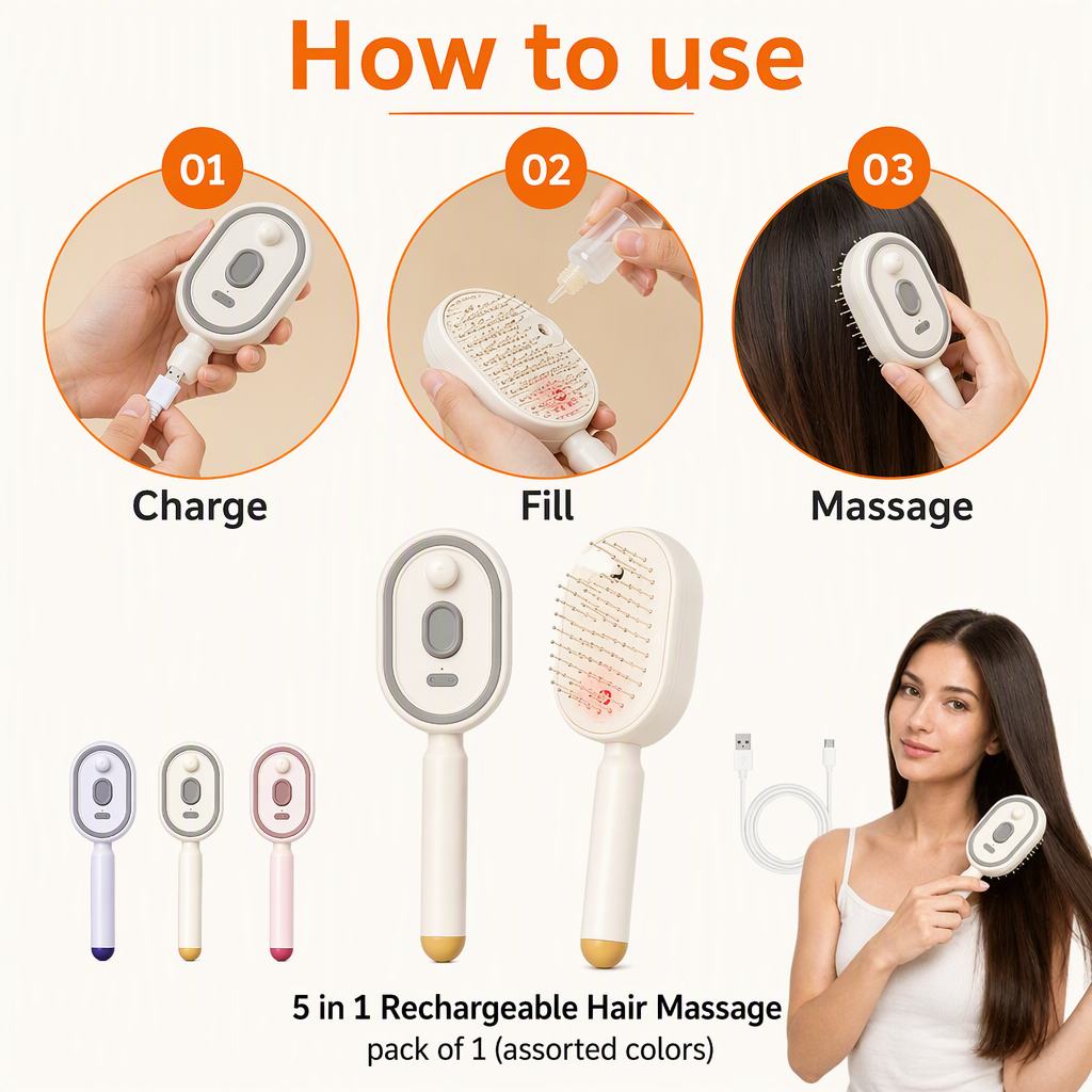 5 in 1 Rechargeable Hair Massage  pack of 1 (assorted colors) – steps