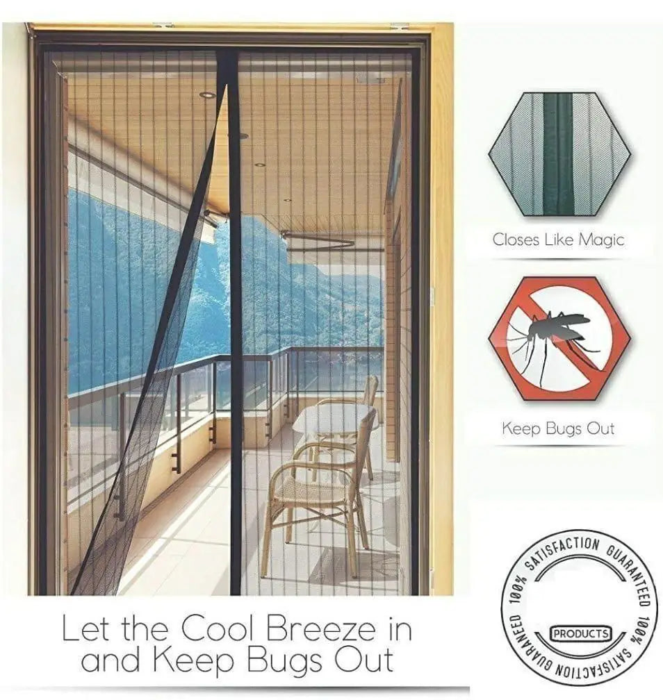 Mesh curtain in use on balcony door with center magnets closed