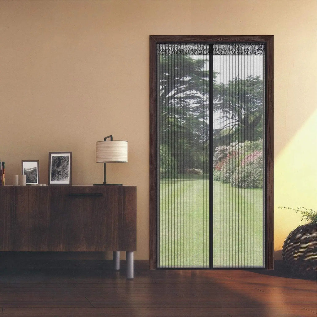 Close-up of black mesh net allowing airflow through door