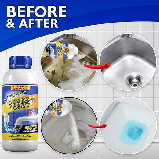 Drain cleaner powder bottle label close-up
