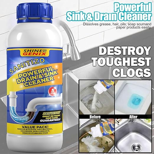Powder being poured into a kitchen sink drain