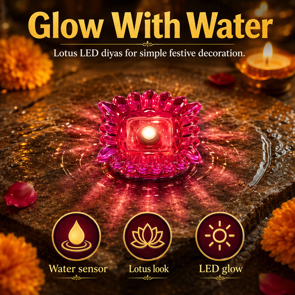 Lotus 3D Reflection Water Sensor Led Diya - pack of 12 – hero
