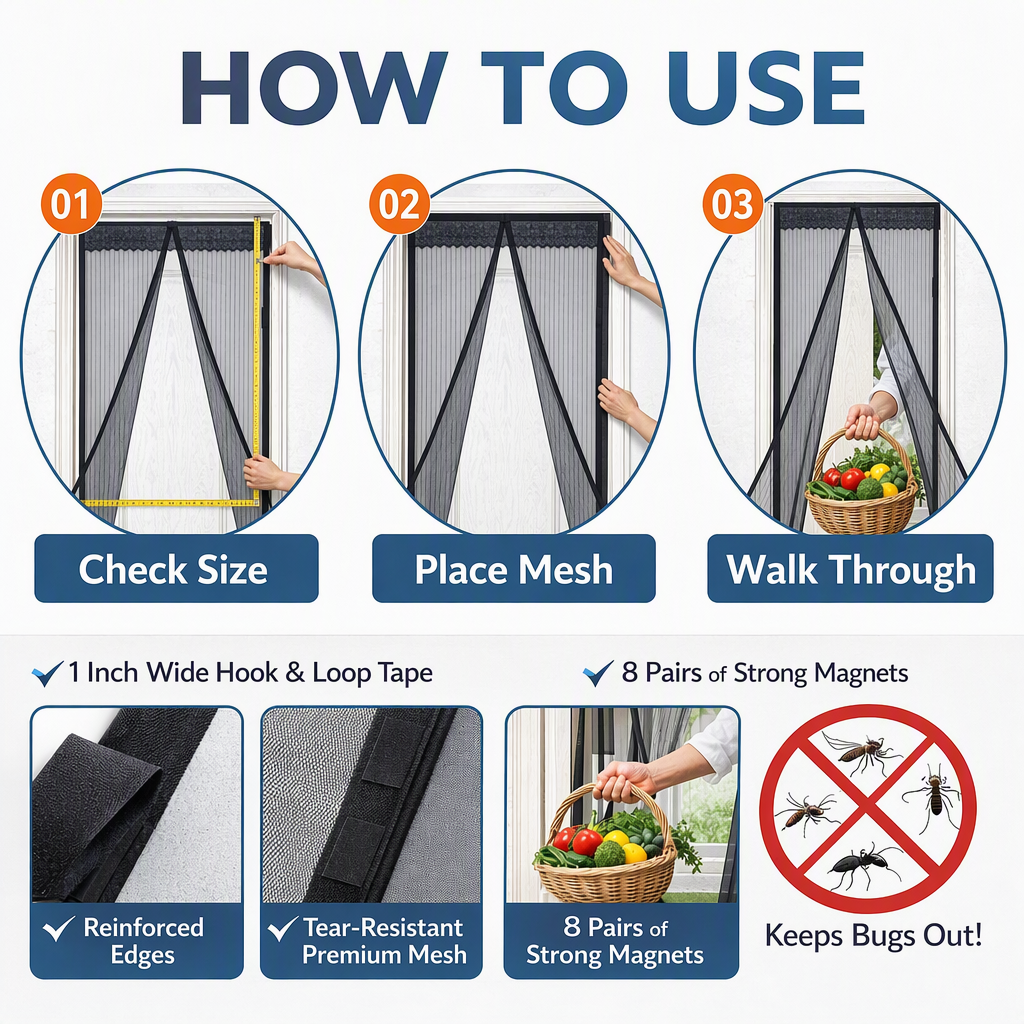 Mesh Screen Net Home Magnetic Foldable Anti Mosquito Door Curtains 100*210CM which fits to Door Size - 7 Feet – steps
