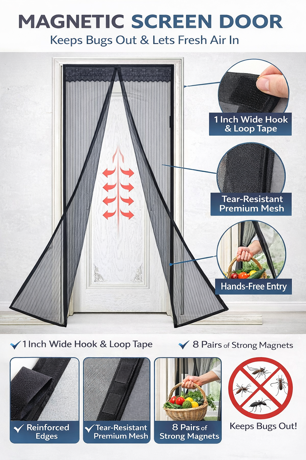 Front view of magnetic mesh door curtain for 7 ft doorway