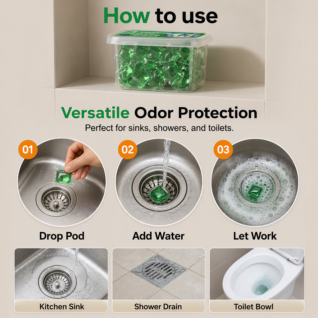 Sink deodorizer pods for kitchen and bathroom Drain 30 pods – steps