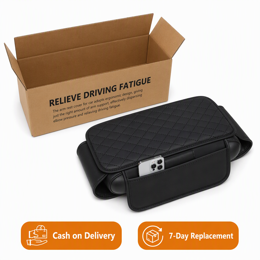 Vehicle Arm Rest Cushion Mat with Storage Pocket For Maru]ti Suzki Swift Color 7D Black – box