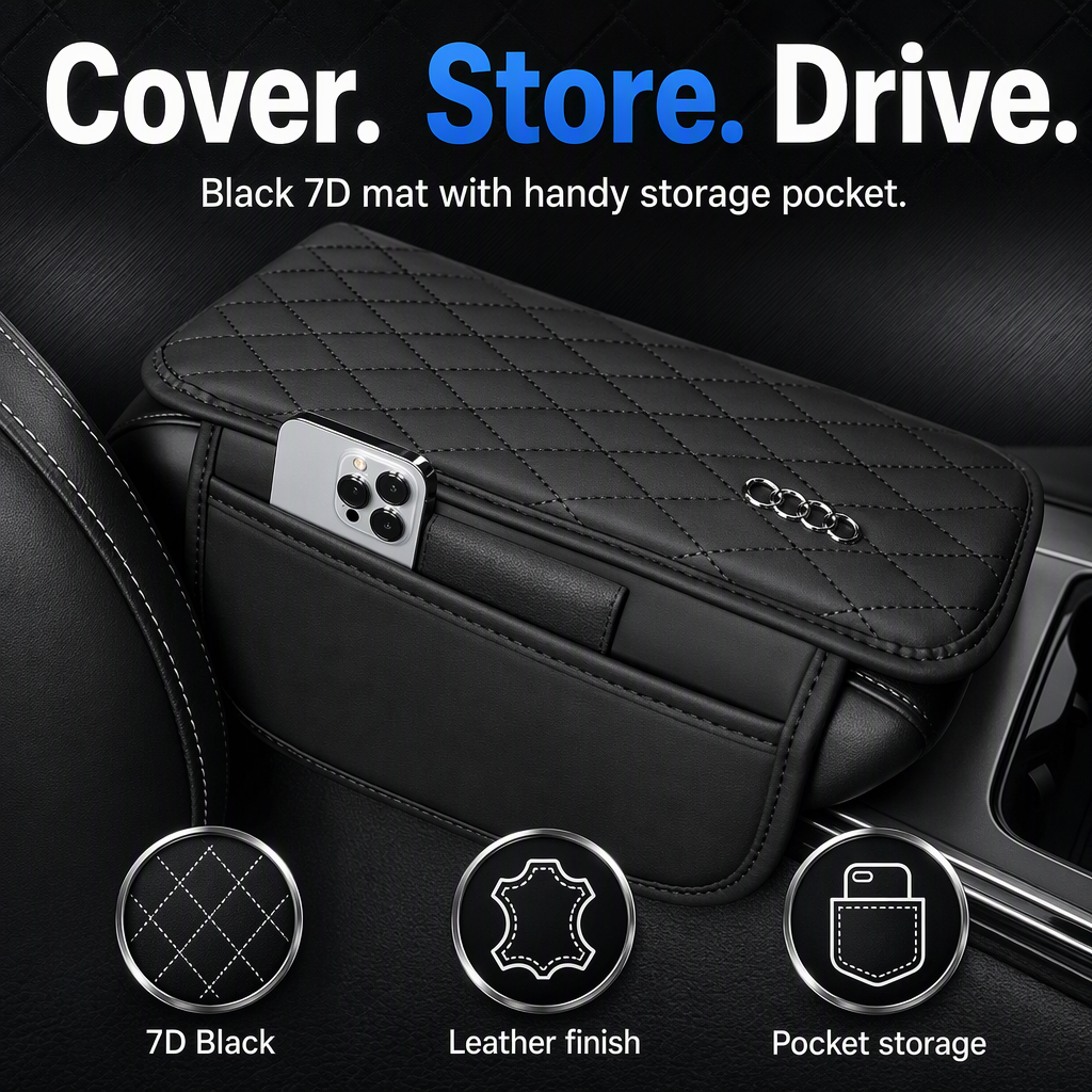 Vehicle Arm Rest Cushion Mat with Storage Pocket For Maru]ti Suzki Swift Color 7D Black – hero